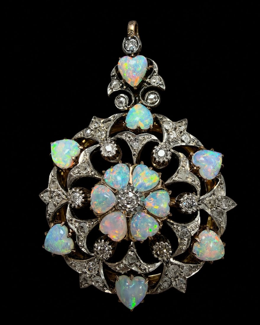 VICTORIAN OPAL ANA DIAMOND BROOCH/PENDANT: VICTORIAN OPAL ANA DIAMOND BROOCH/PENDANT,12 grams, testing high carat gold and silver.Rich and vibrant opals with good play of colour including red.Diamonds bright and lively.L. 4.4 cm.