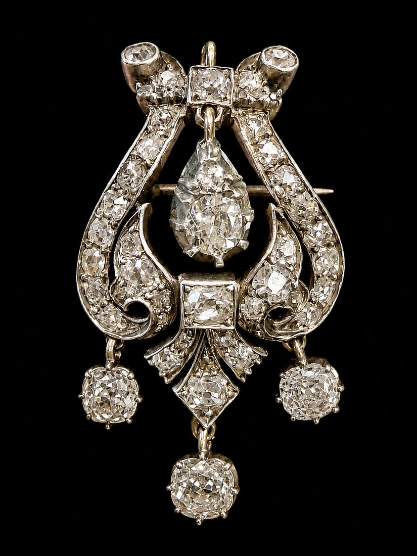 VICTORIAN DIAMOND LYRE BROOCH/PENDANT: VICTORIAN DIAMOND LYRE BROOCH/PENDANT,6,2 grams, testing high carat gold and silver.Bright and lively old cut diamonds.The 4 largest diamonds articulated.L. 3.8 cm.