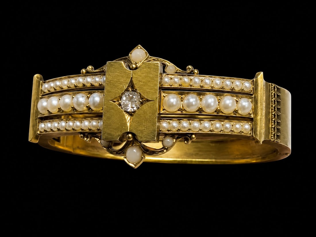 VICTORIAN PEARL DIAMOND AND CORAL HINGED BANGLE: VICTORIAN PEARL DIAMOND AND CORAL HINGED BANGLE,23.2 grams, testing high carat gold.The bangle with a central row of larger pearls.Flanked with smaller pearls on each side and accentuated with