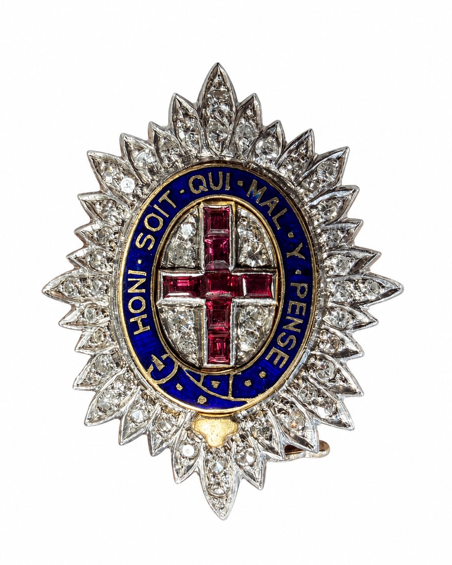ANTIQUE RUBY AND DIAMOND COLDSTREAM GUARDS BROOCH: ANTIQUE RUBY AND DIAMOND COLDSTREAM GUARDS BROOCH,5.2 grams, testing 18 ct. gold.Rich and vibrant rubies.Diamonds bright and lively.Lovely enamel.L. 2.6 cm.