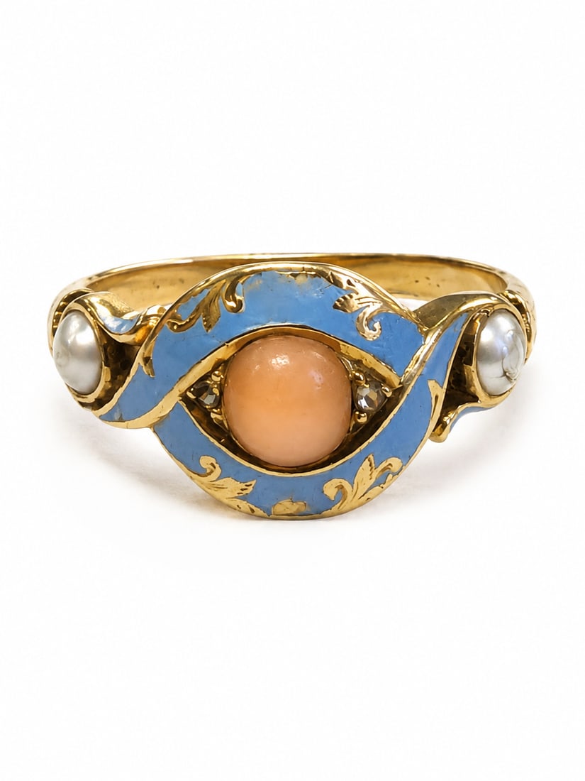 ENAMEL, PEARL, CORAL AND DIAMOND RING: ENAMEL, PEARL, CORAL AND DIAMOND RING,4,1 grams, testing high carat gold.Size J 1/2.
