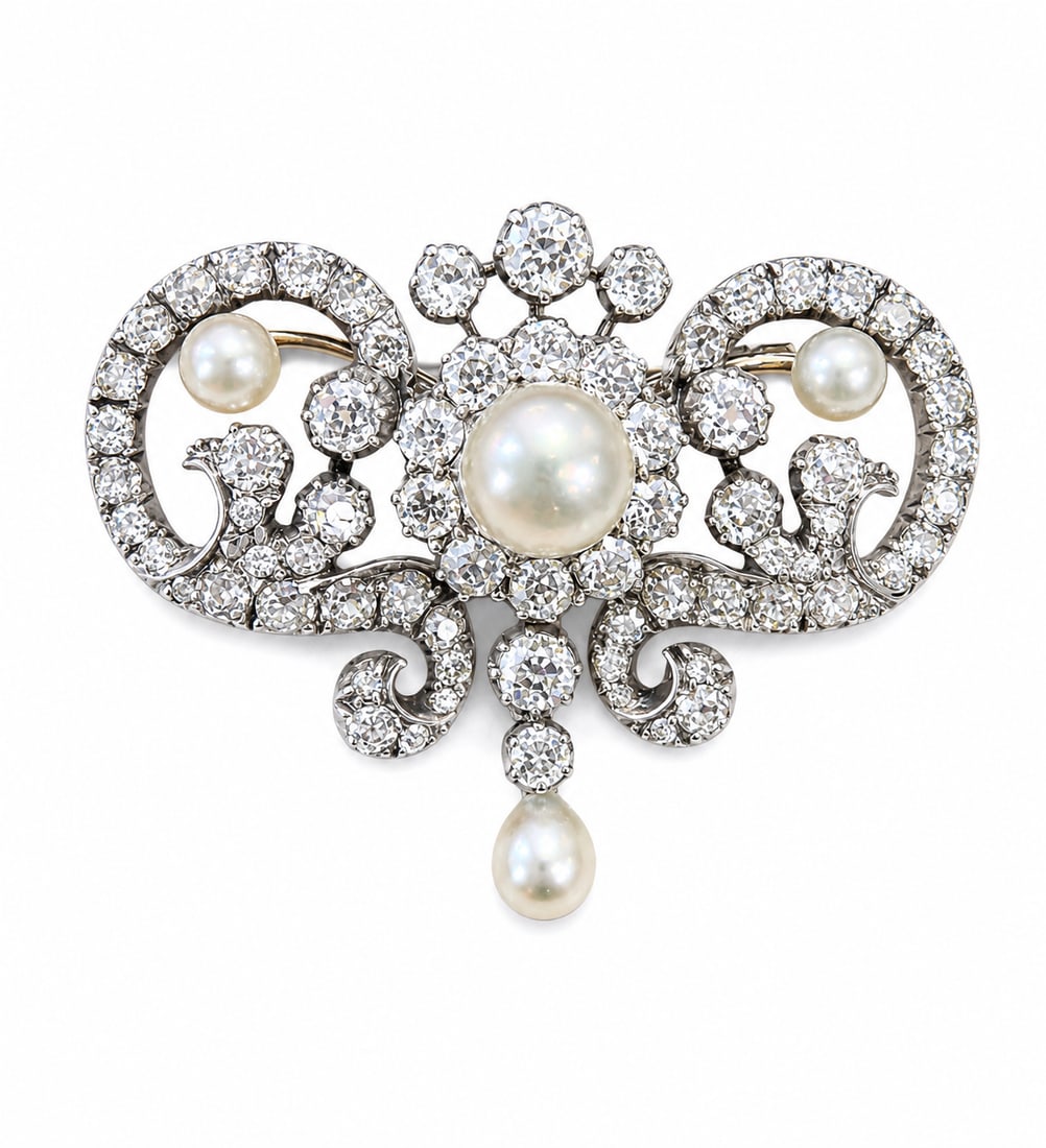 CERTIFICATED NATURAL SALTWATER PEARL AND DIAMOND BROOCH (1 of 1)