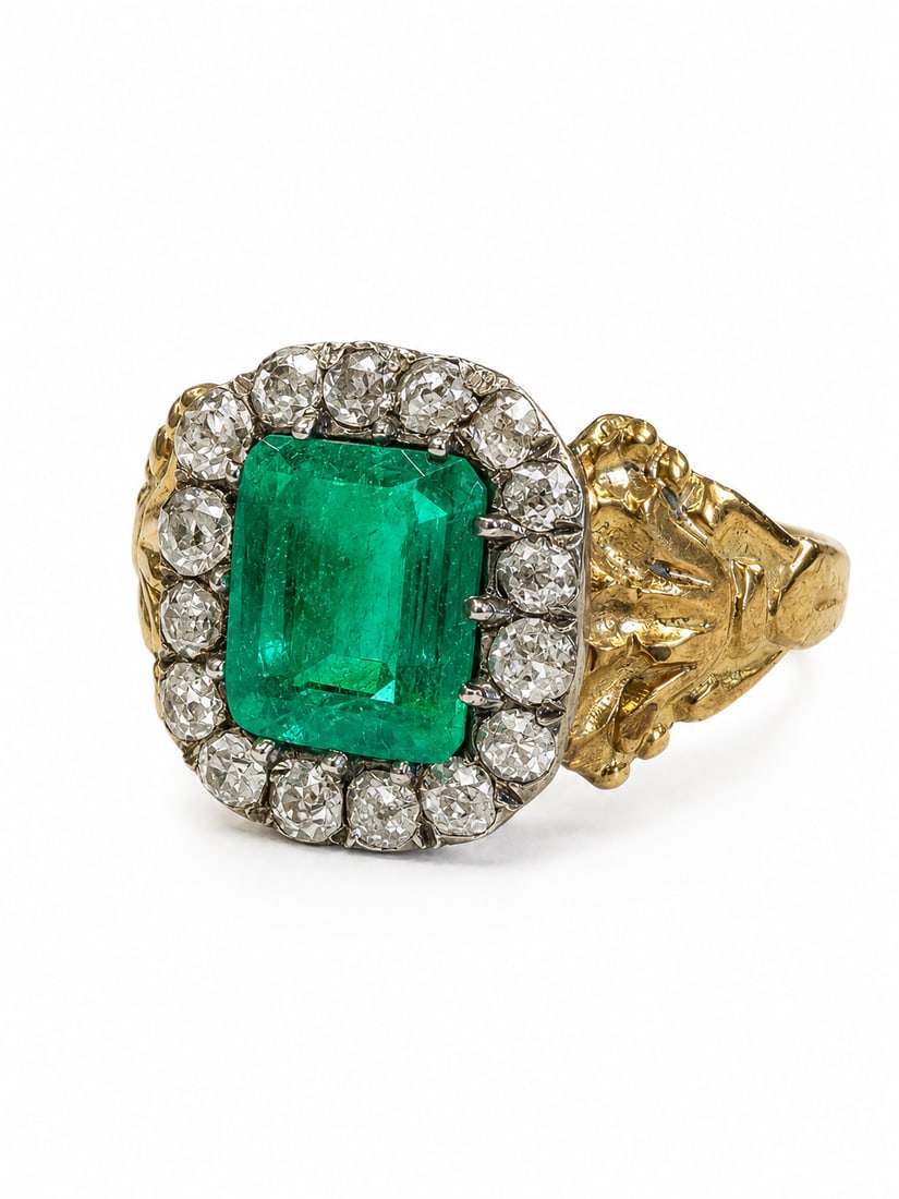 EMERALD AND DIAMOND CLUSTER RING: EMERALD AND DIAMOND CLUSTER RING,4,1 grams, testing high carat gold.Rich and vibrant emerald of approx. 1.75 ct.Diamonds bright and lively.Size O.