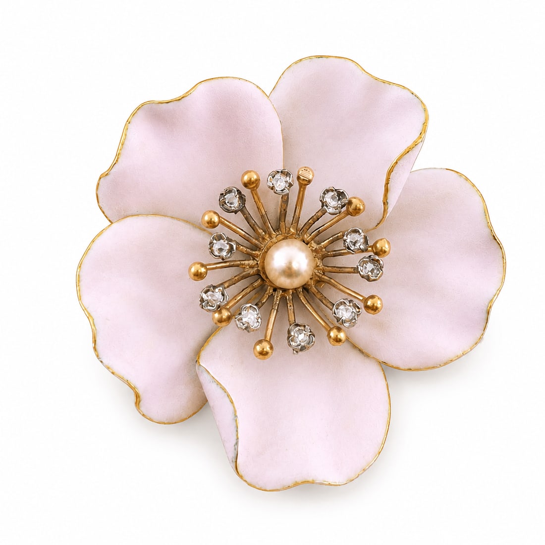 FINE FRENCH ENAMEL AND DIAMOND FLORAL BROOCH: FINE FRENCH ENAMEL AND DIAMOND FLORAL BROOCH,7.3 grams, 18 ct. gold. French marked.The petals with lovely enamel to the front and back.Diamonds bright and lively.Pearl to the centre (untested).Diam. 3
