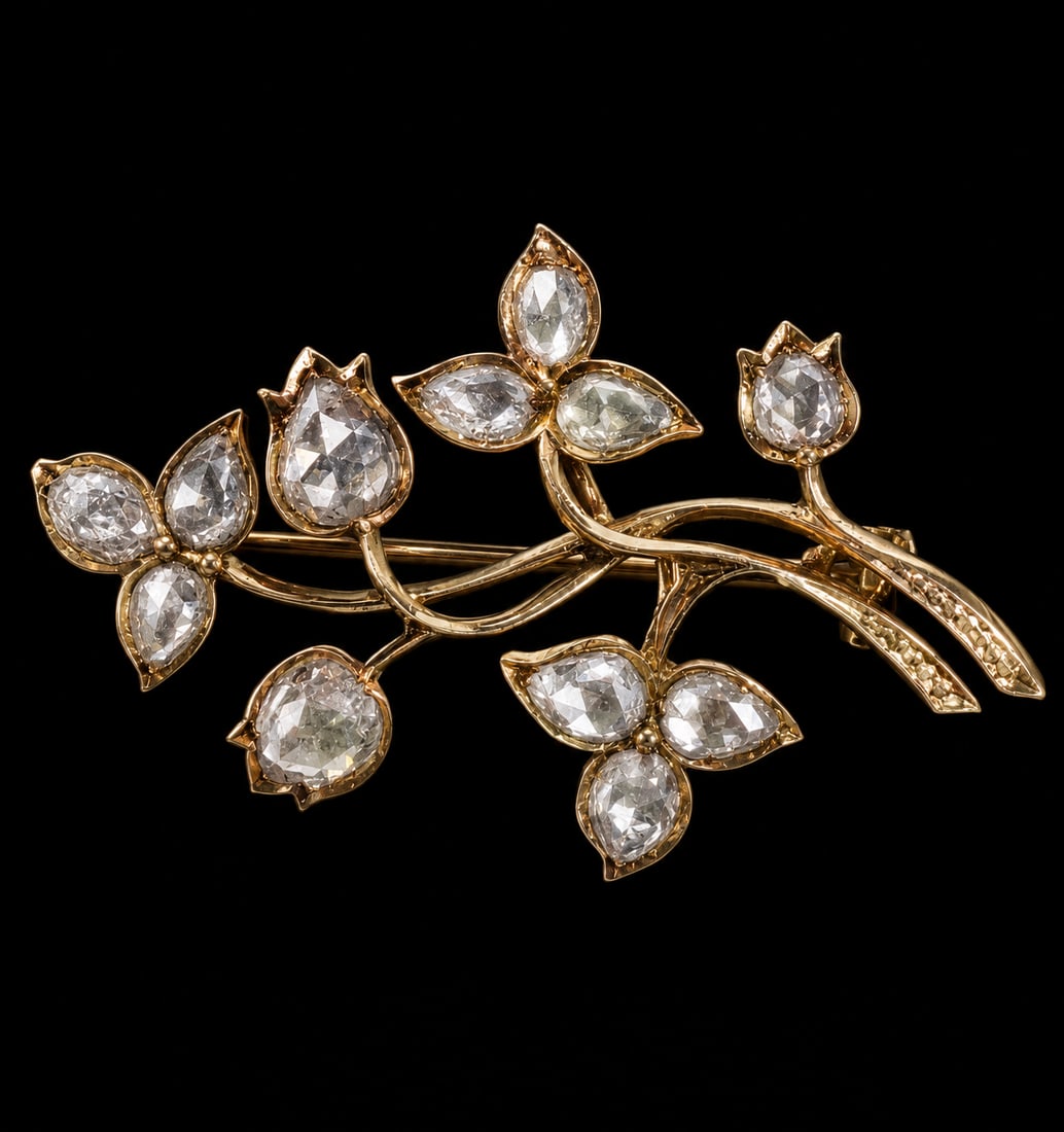 ANTIQUE DIAMOND BROOCH: ANTIQUE DIAMOND BROOCH,5, grams, testing high carat gold.Bright and lively rose cut diamonds, totalling approx. 2.20 ct.L. 4.2 cm.