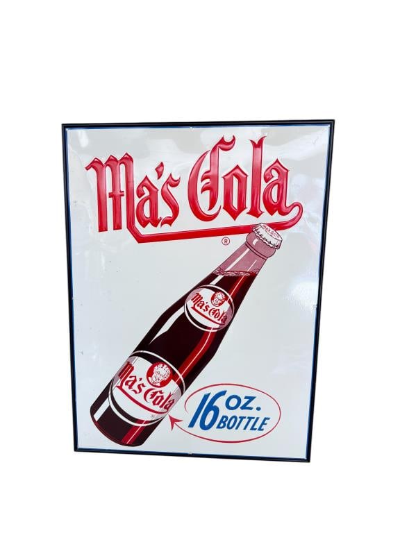 Ma's Cola Embossed Tin Sign: SST - Excellent color and shine. Shows only minor areas of oxidation. Rare size seldom encountered. Has been professionally framed. 32"x23.5" Rated 9.0