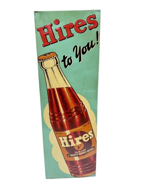 Hires to You Embossed Tin Sign: SST - Good color and shine. Shows some areas of scratching and minor paint loss mostly around the edges. Marked BN-8 Made in USA. 41.5"x13.5" Rated 8.5