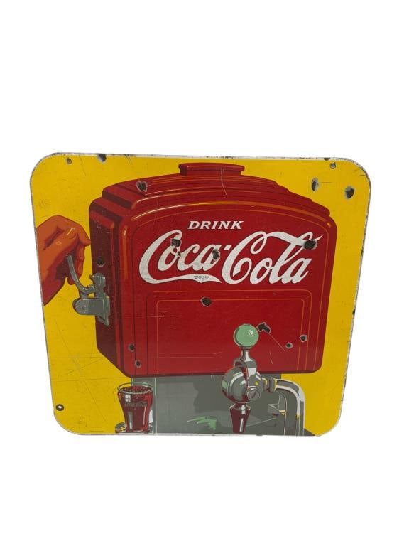 Coca Cola Fountain Service Porcelain Sign: DSP - Shows good color and gloss along with chips in both sides of the field. One side shows color match to the chips. 25"x26.25" Rated 8.0