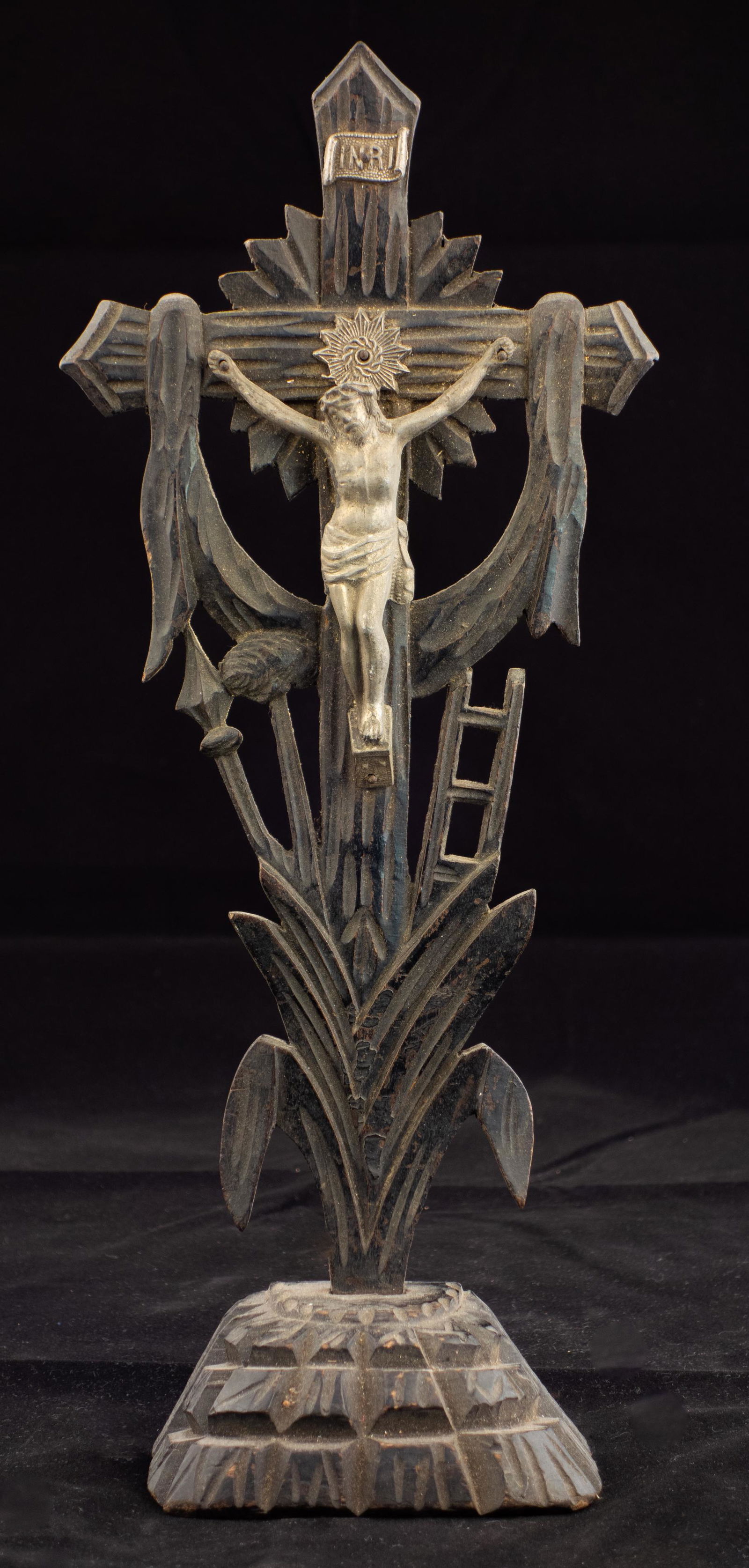 Antique Folk Art Carved Ebonized Crucifix (1 of 2)