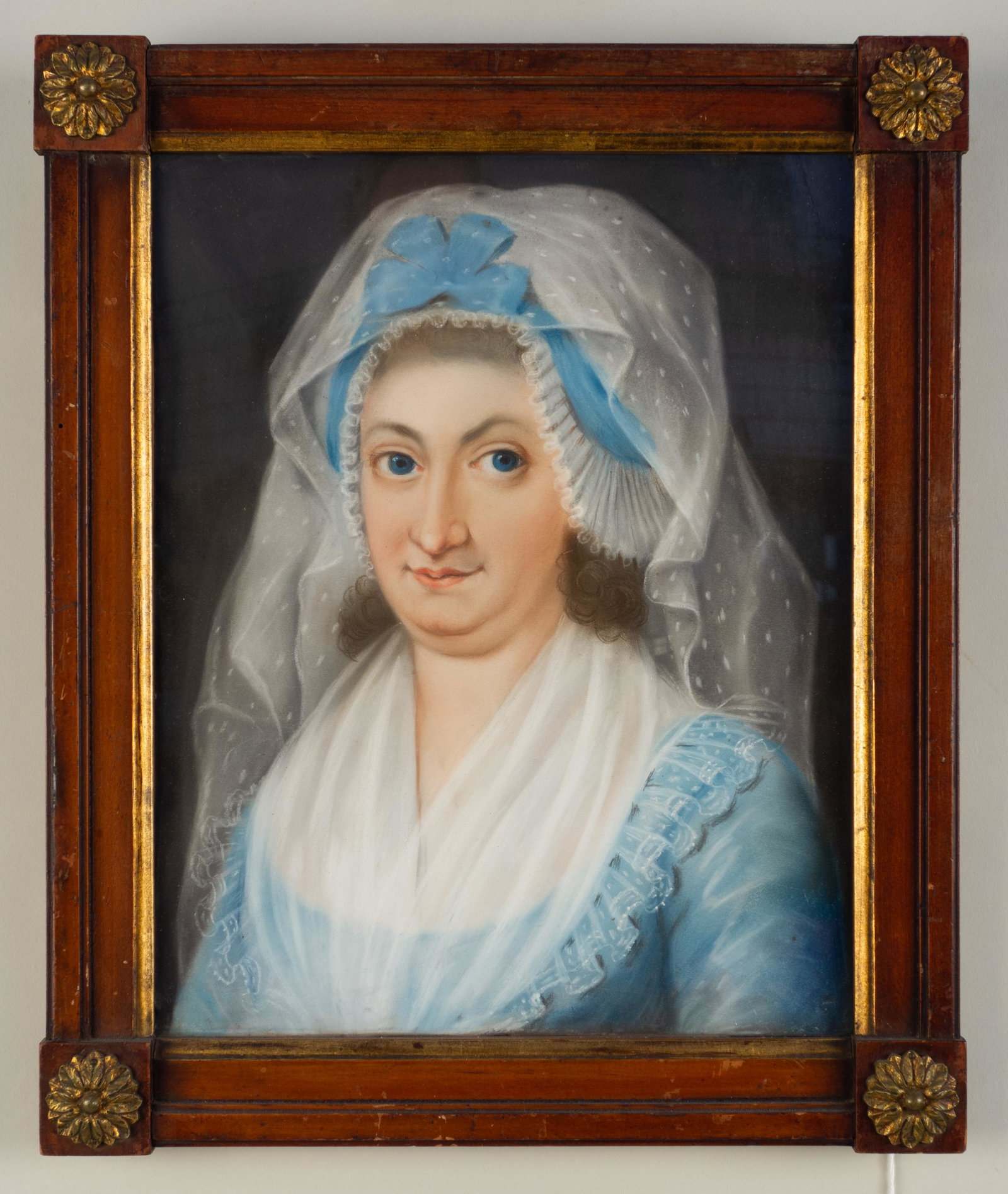 Pastel Portrait of Lady in Blue: Ca. 1820's pastel portrait of lady in blue, housed in Biedermeier frame under glass. 11" x 13 3/4" image size, 14 1/2" x 17 1/4" overall.