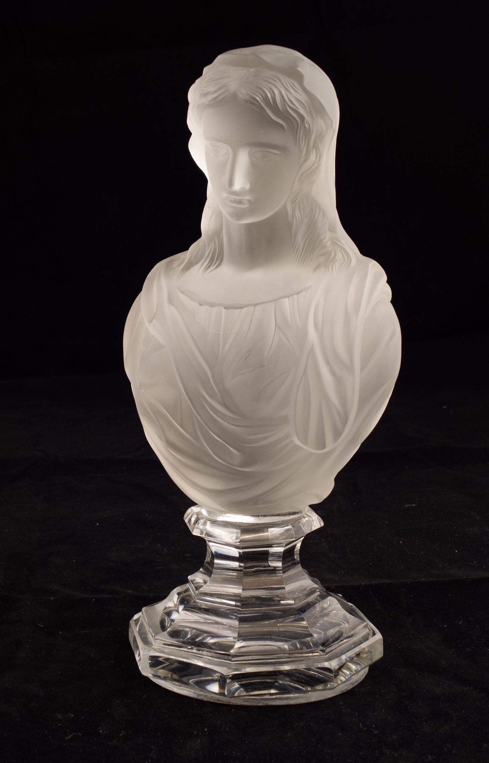 Baccarat Crystal Bust of Mary, Ca. 19th Century: Virgin Mary. Frosted body upon base. Marked as shown. 5 1/2 x 11".