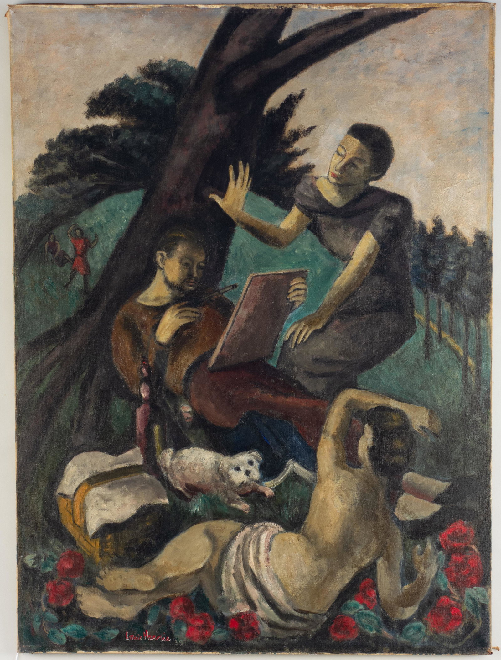 Louis Harris, Self-Portrait of the Artist With His Muse: Louis Harris (American, 1902-1970) Oil on canvas, modernist portrait of an artist in a landscape with a nude subject in the foreground. Signed and dated lower left "Louis Harris '39" 30" x 40" unframe