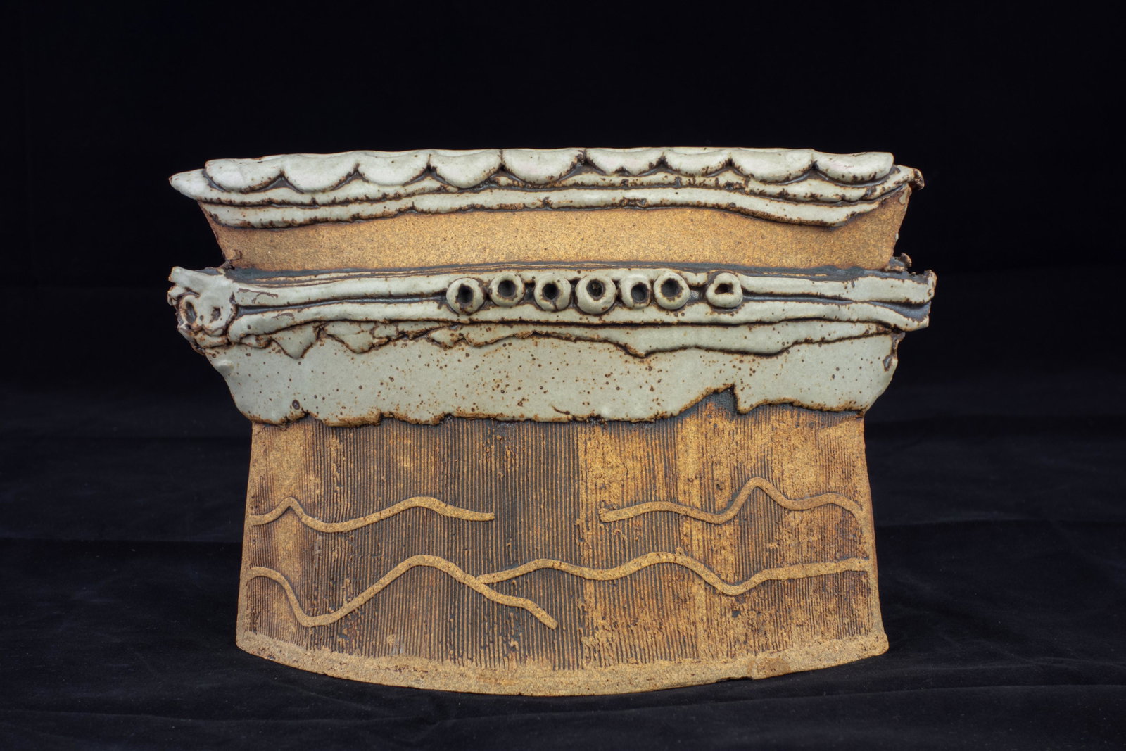 Studio Art Pottery Menorah: Cira 1970's unique artisan crafted Judaica, applied and incised elements. 11.25"X 4.5"X 8"