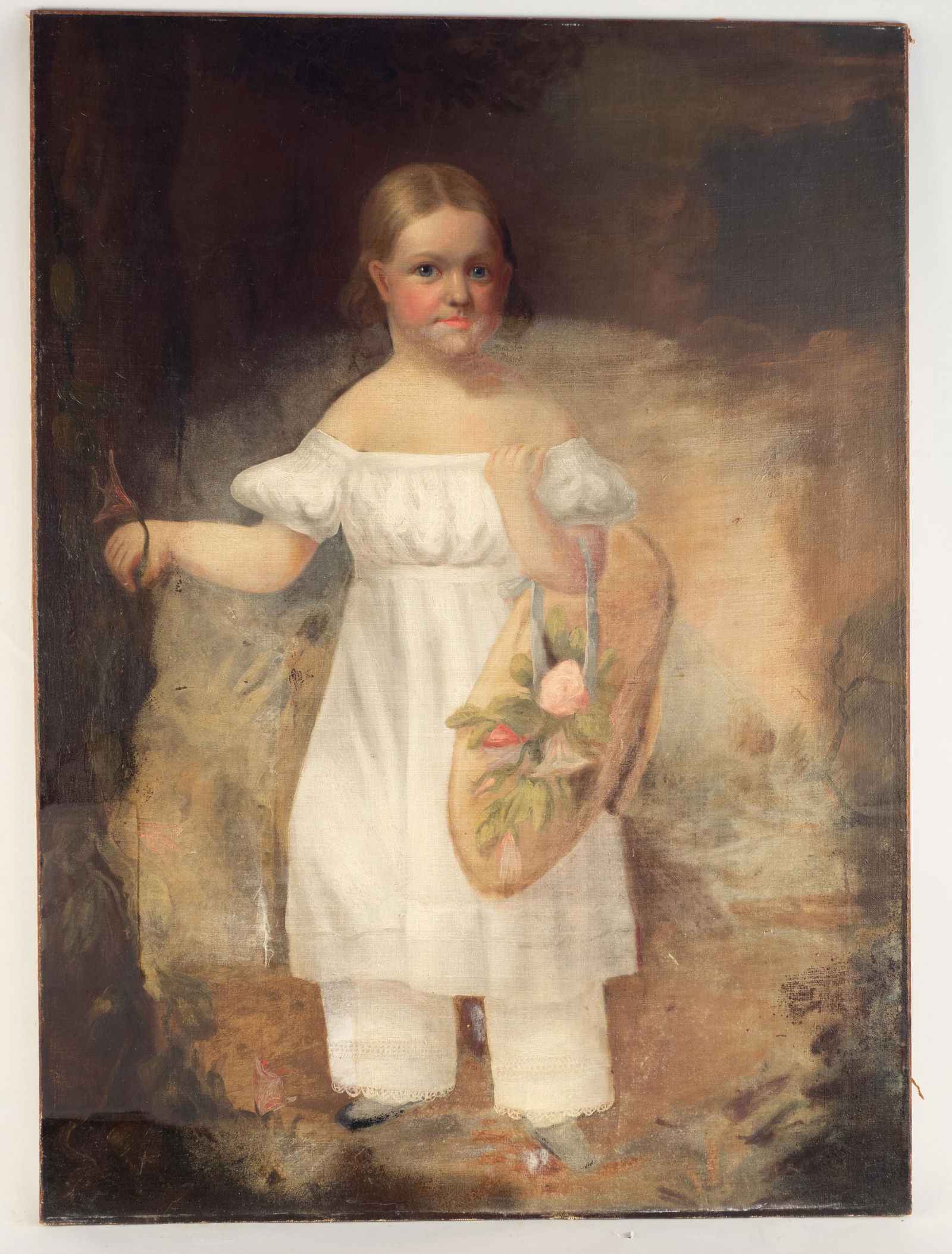 Large Primitive Portrait of a Child Picking Flowers (1 of 3)