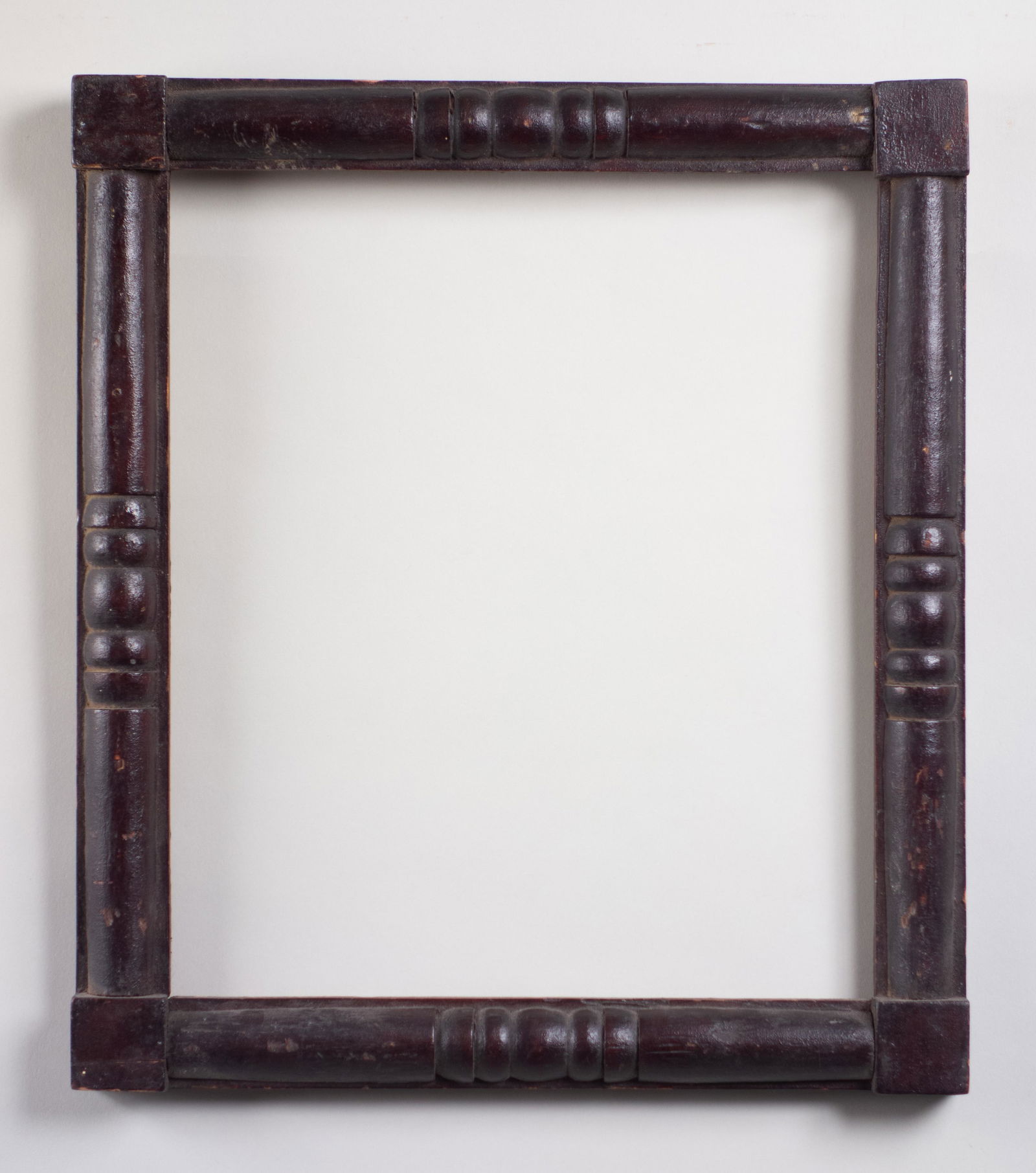 American Folk Art Frame: American, ca. 1840, split column folk art frame with original alligatored black paint surface, excellent for a theorem or fraktur. Rabbet: 12" x 14" Overall Dimensions: 14.5" x 16.5" Molding Width: 1.