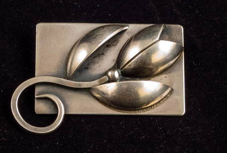 Paul Lobel Sterling Silver Brooch: Modernist tulip plaque design. Hallmarked as shown. 2" in length. 12.1 grams.