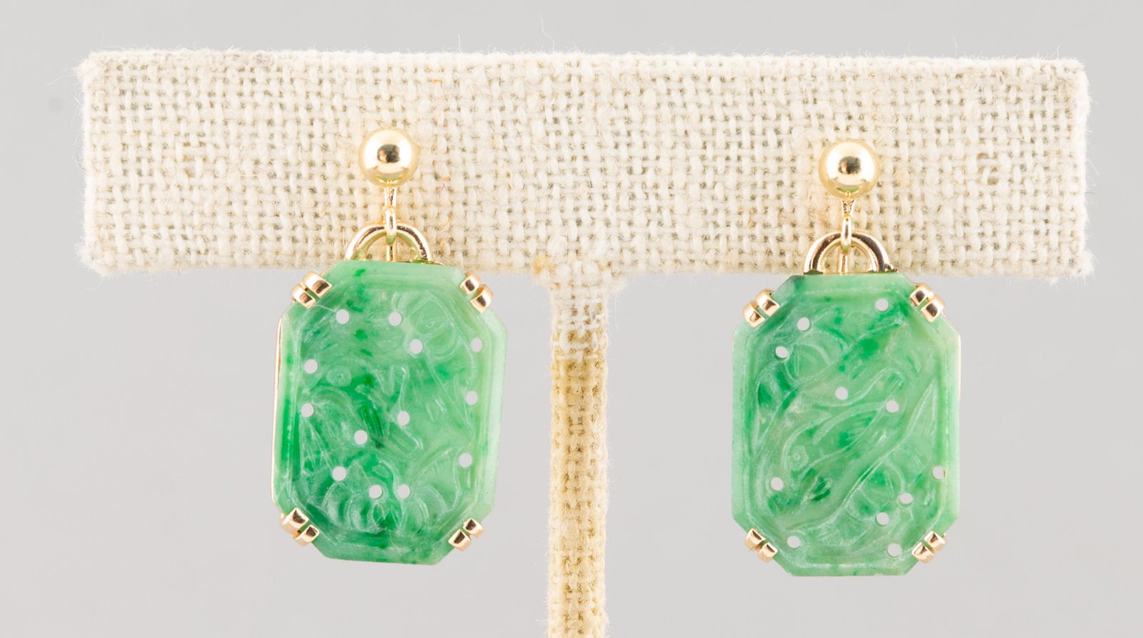 Pair 14K Gold & Carved Jade Panel Earrings (1 of 5)