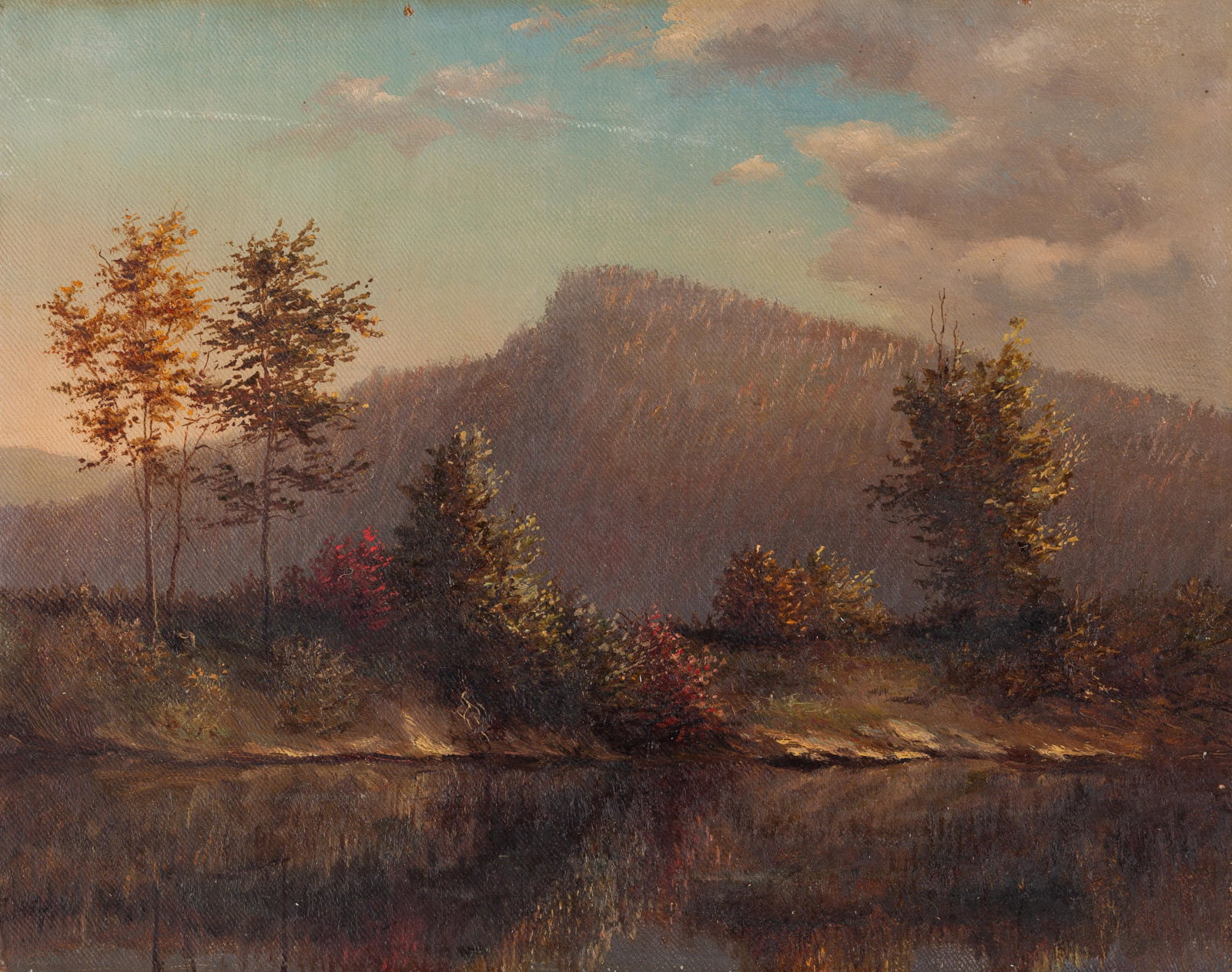 Hudson River School Painting: American, ca. 1860, oil on canvas depicts mountain lake with possibly the Kaaterskill High Peak in the background. Possibly signature l.l. 9.5" x 12" unframed.