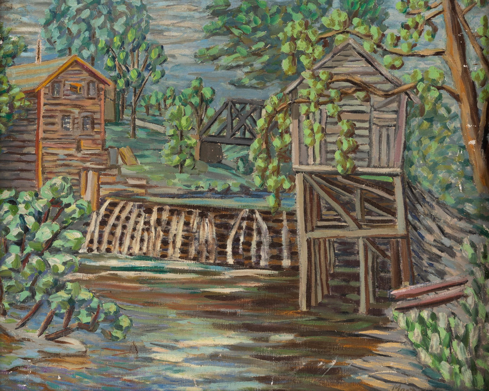 Stewart MacDermott, The Old Mill: Stewart MacDermott (American, 1889 - 1966) Oil on canvas depicting a mill with a trestle bridge in the distance, signed "MacDermott" l.r. and "Stewart S. MacDermott" verso, framed. 16" x 20" canvas, 2