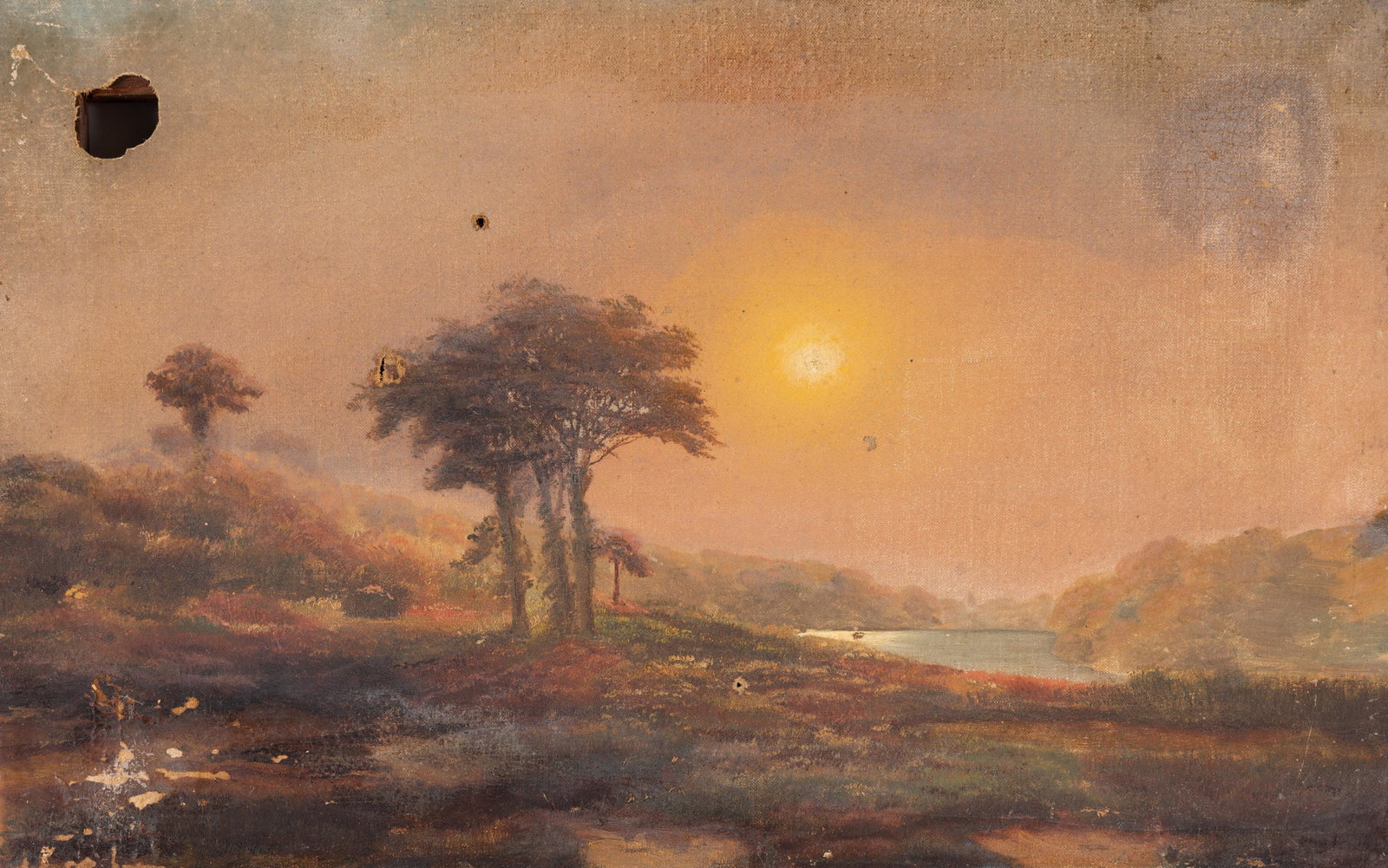 Hudson River School Landscape: American, ca. 1860, oil on canvas depicts river landscape with setting sun. 14" x 22" canvas, unframed.