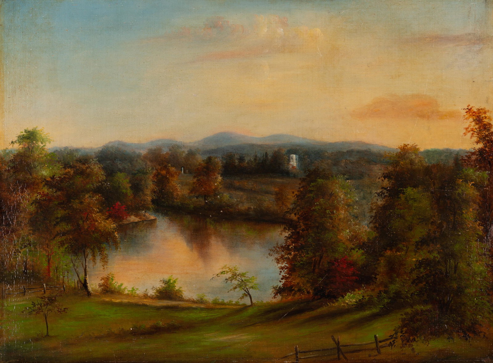Hudson River School Landscape: American, ca. 1850, oil on canvas laid down on board depicts mountain lake with building in distance. 18.25" x 24" board, unframed.