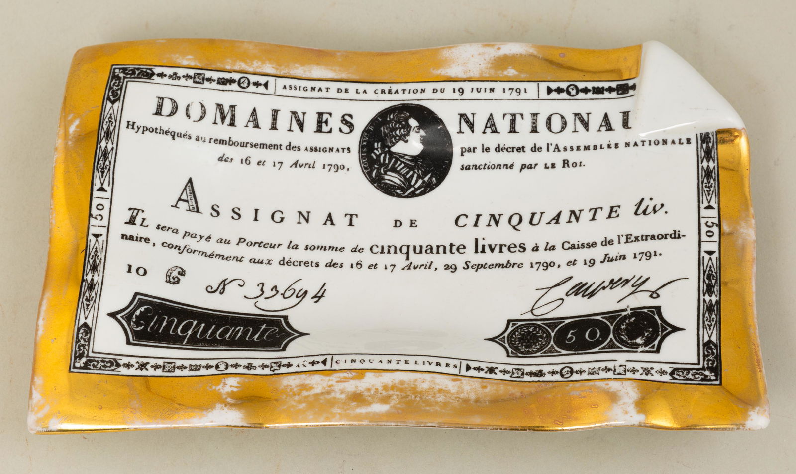 Trompe L'Oeil Tray by Fornasetti: In the From of a 50 Lira Note. Marked as shown. 5 x 8 3/8".