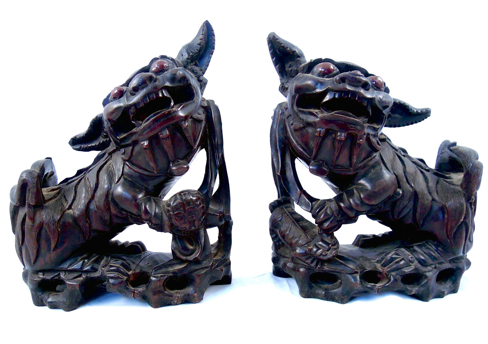 Pair of Carved Wood Foo Dogs (1 of 10)