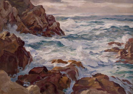 Paul Dougherty, "Foaming Seas": Paul Dougherty (New York/California, 1877 - 1947) Oil on canvas depicting a California seascape with roiling waters and a rocky shore, signed l.l. "Dougherty" 25 3/4" x 36 1/4" unframed.