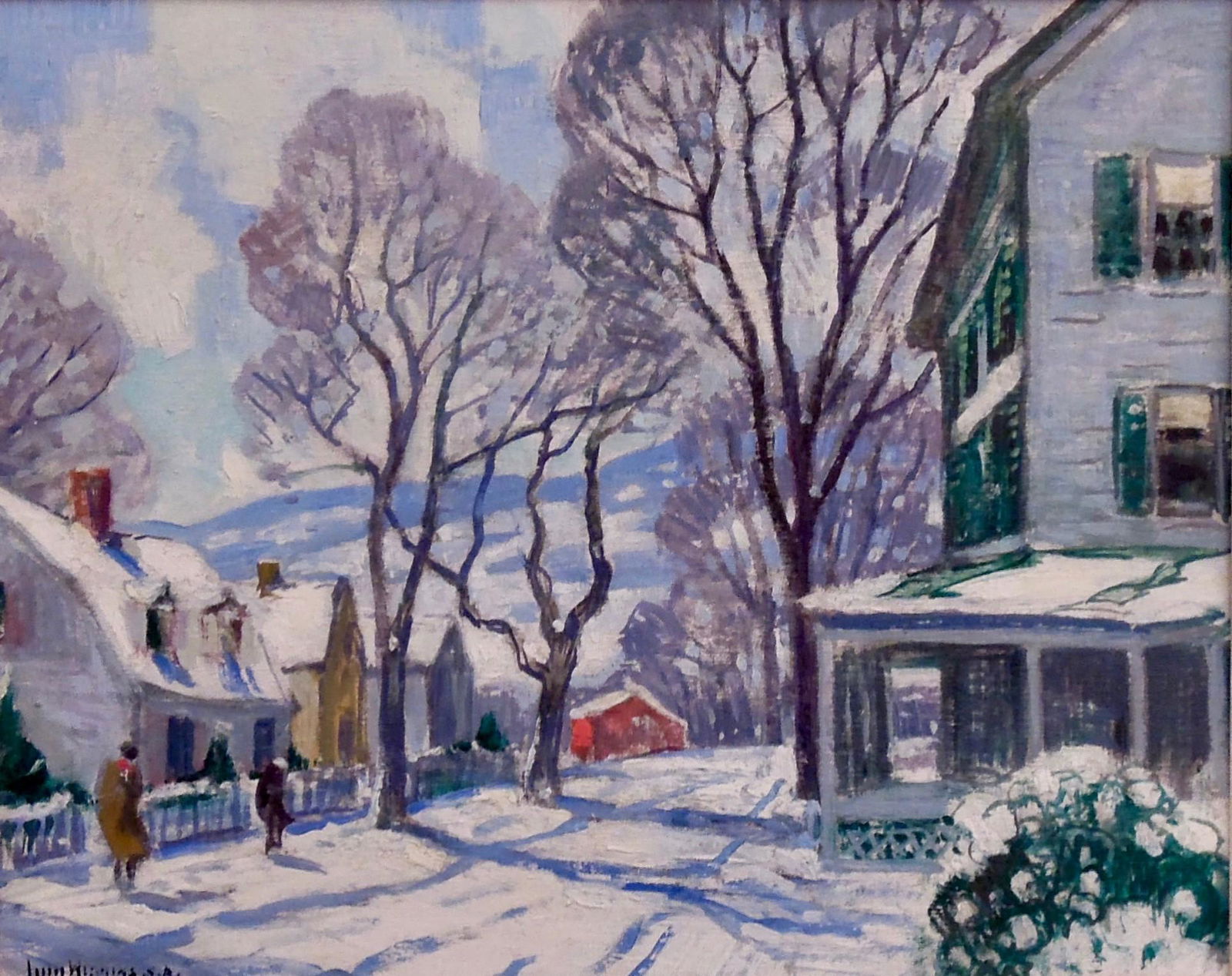 Guy Carleton Wiggins, "New England Winter": Guy Carleton Wiggins (NY/CT 1883 - 1962) Oil on board depicting a charming street scene in a New England town on a sunny winter day after a fresh snowfall, signed l.l. "Guy Wiggins N.A." also signed a