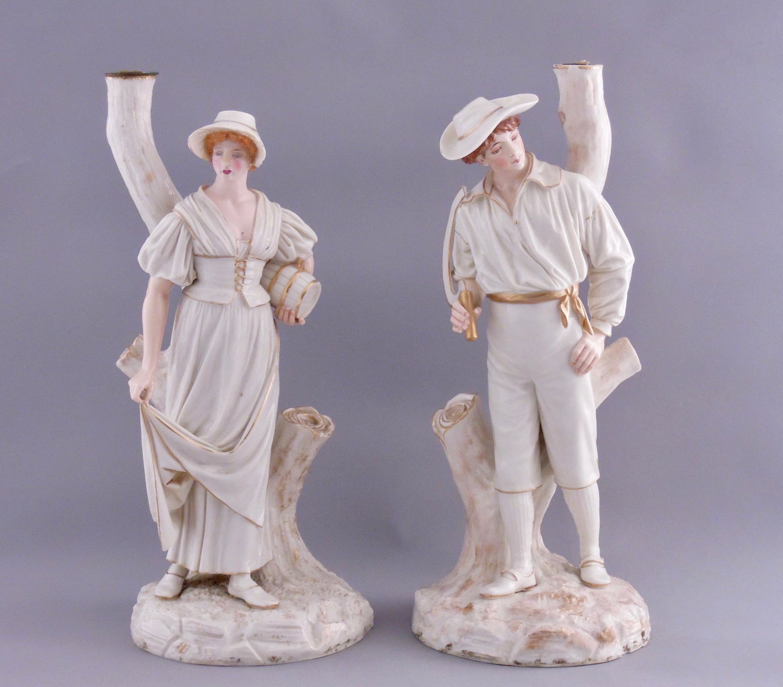 Pair of Worcester FIgural Candlesticks: Figural group lady and gentleman in Victorian garb. Harvest & Plenty. 14 1/2" tall. Base 6 1/4".