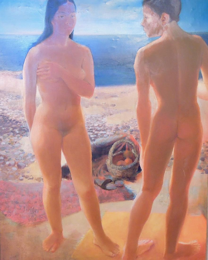 Pierre Lavarenne, At the Beach: Pierre Lavarenne (France, Born 1928) Oil on canvas depicting two nude bathers with a picnic in the background, signed l.l. "Pierre Lavarenne" Oehlschlaeger Galleries label verso, also signed and title