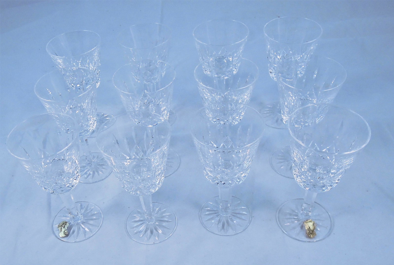12 Waterford Crystal Lismore pattern Wine Goblets: Some still with paper labels. Marked as shown. 3" x 5 7/8".