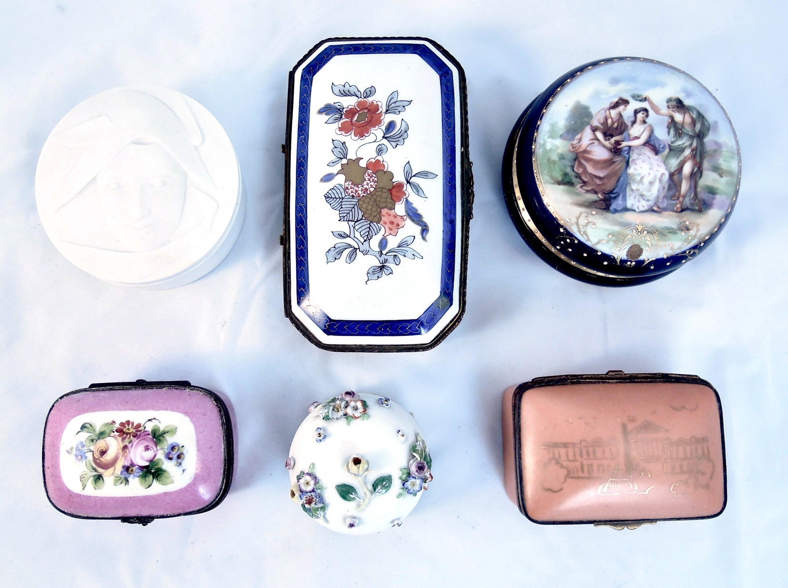 Lot of 6 Porcelain Boxes: Including KPM, Meissen, Limoges and Ginori. 2 3/4" to 3 3/4" x 6 1/2".