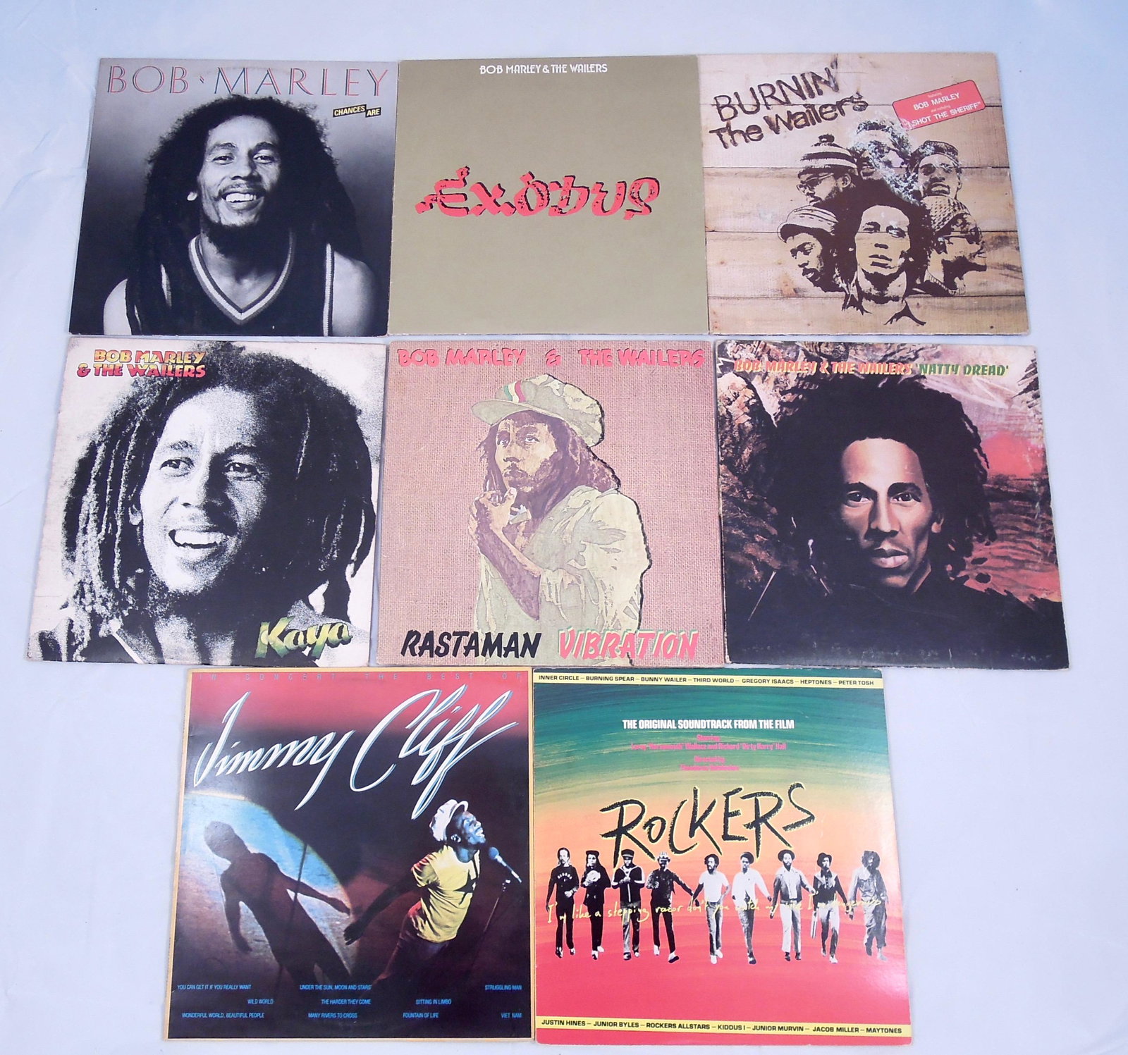 Lot of 8 Reggae Records Including Bob Marley: Jimmy Cliff and the "Rockers" Soundtrack. Albums Include: Bob Marley & The Wailers Natty Dread ILPS 9281, Rastaman Vibration ILPS 9383 (Double Album), Exodus ORL 19490, Kaya ILPS 9517, Bob Marley Chan