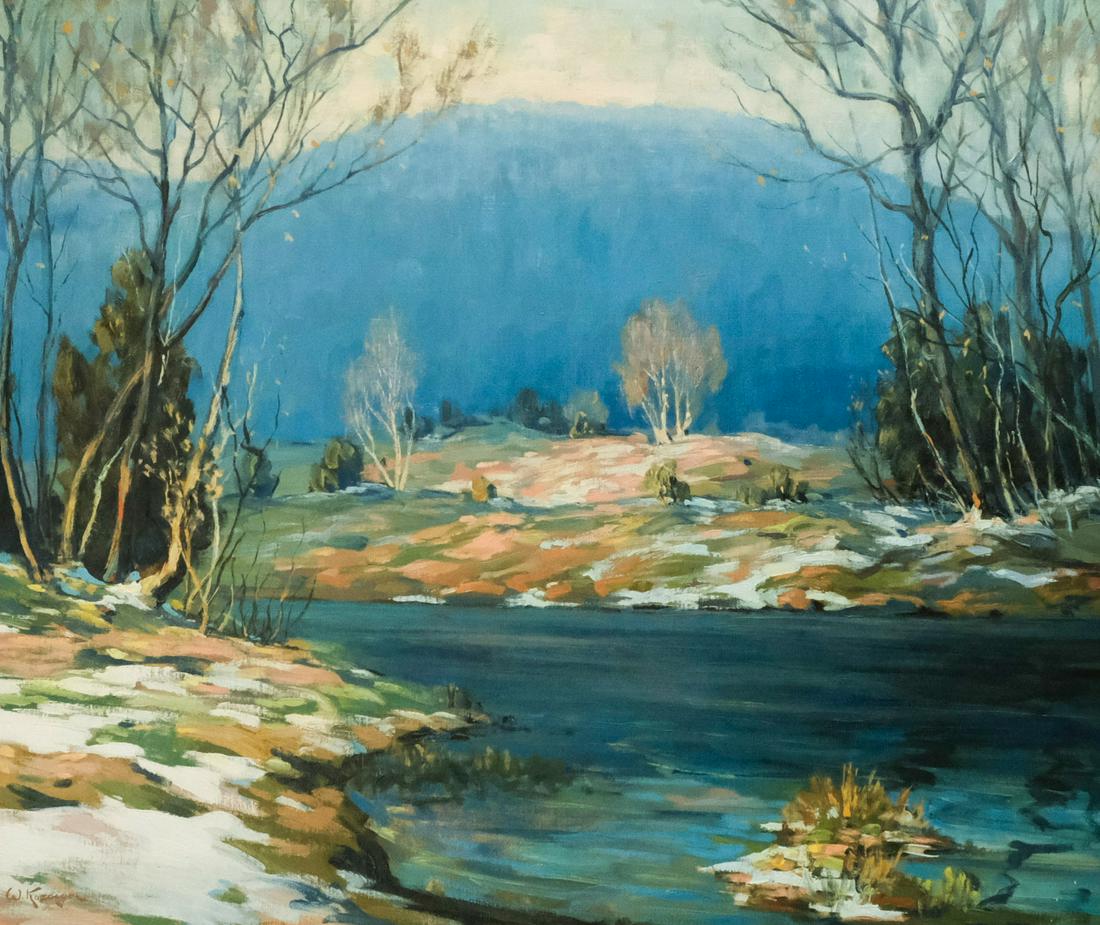 Walter Koeniger, "October Snow in the Catskills": Walter Koeniger (American, 1881-1943) oil on canvas depicts a late fall day in the Catskills, with melting snow, a tranquil stream, and the mountains in the distance. Lovely palette in a nice gilt fra