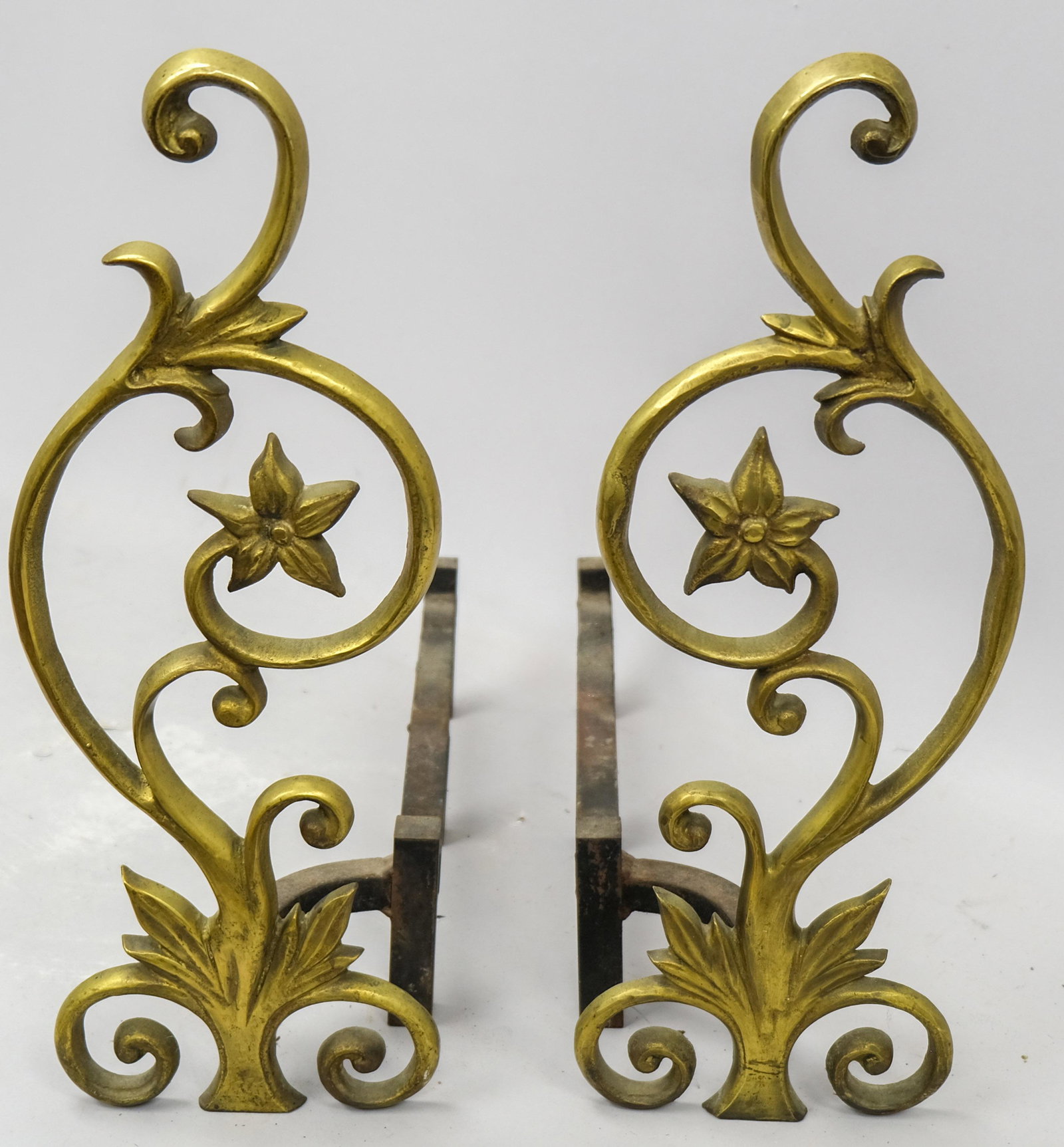 20th Century Bronze Flower Form Andirons: American, 20th century bronze flower form andirons, 19" tall, 17 1/2" deep.