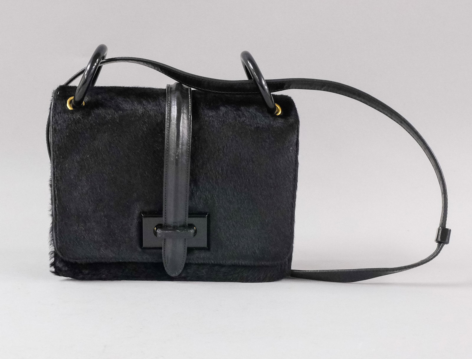 Vintage Greta Black Fur Covered Handbag Purse: Black Fur on Leather Evening Bag, with ticket stub from 1974 Metropolitan Opera inside (This ticket was for Wagner's Gotterdammerung AKA Twilight of the Gods). 5 1/4" x 7 1/4".