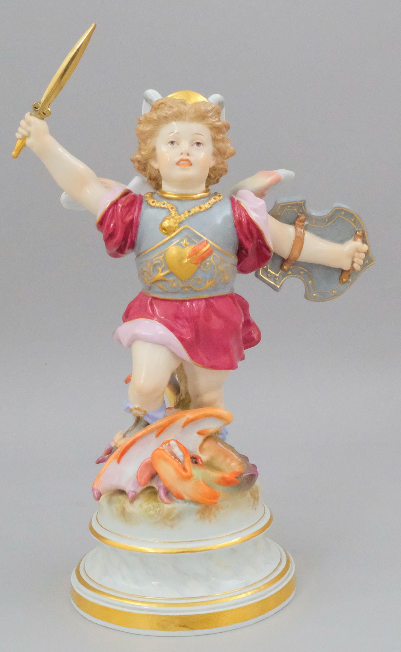 Meissen Porcelain Figurine St. George & Dragon: Beautifully rendered figurine of winged Saint George with sword upraised standing triumphant over the defeated dragon, first quality, 9 3/8" tall.