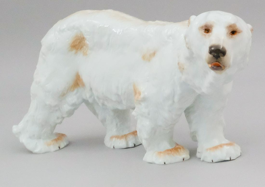 Meissen Figurine of Polar Bear: Realistically rendered with fine detail. Factory first. Red painted mark 2814, 9" length.