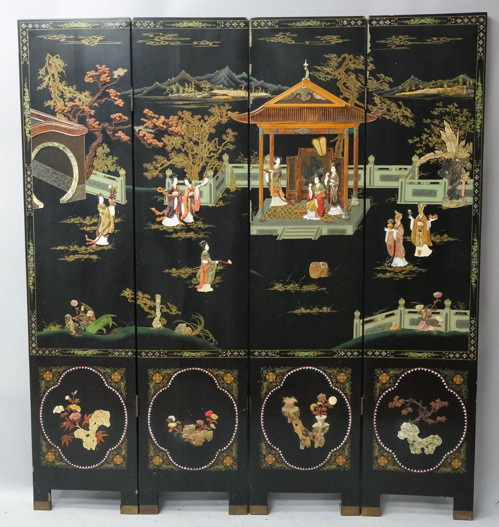 Antique Chinese Lacquer & Stone 4 Panel Screen (1 of 6)
