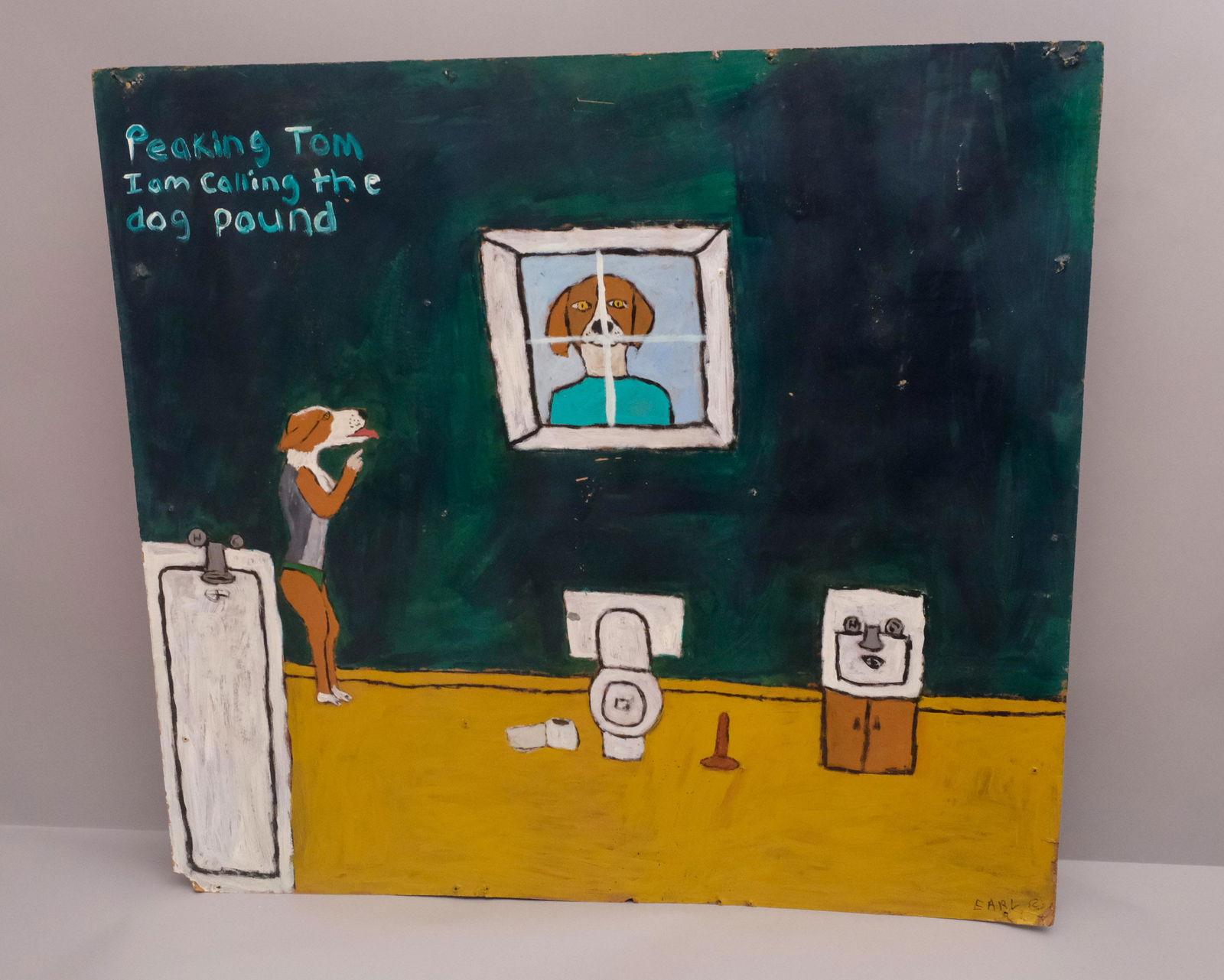 Earl Swanigan, "Peaking Tom" Outsider Art Painting: Earl Swanigan, (American, 1964-2019) Acrylic on masonite, large format depicts anthropomorphic animals in a risque bathroom scene. Dialogue on front "Peaking Tom, I am calling the dog pound." Titled v