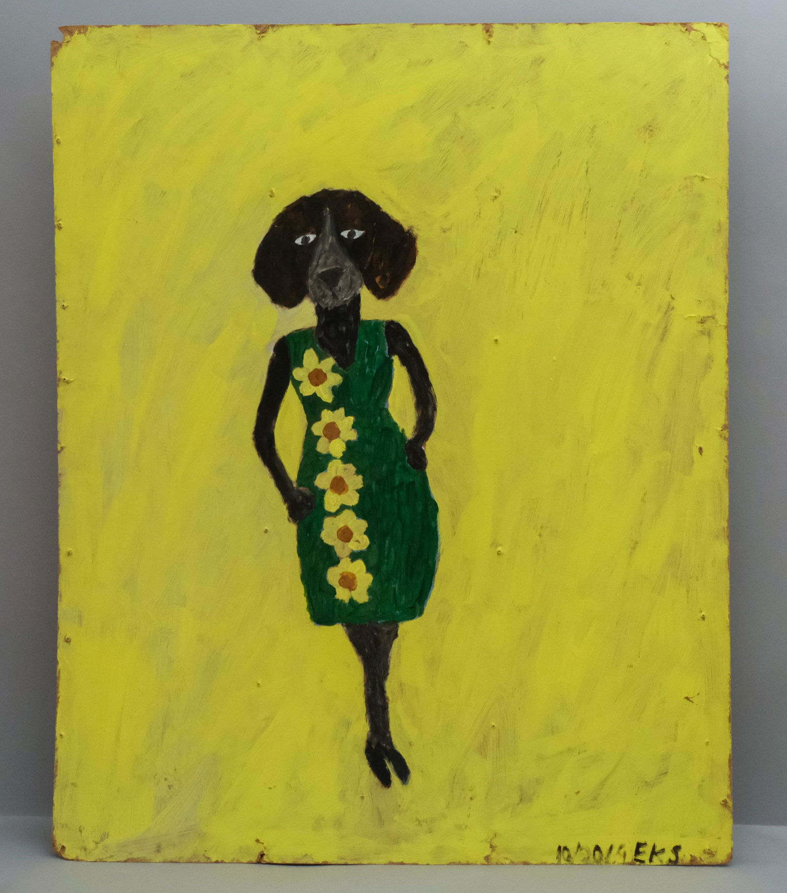 Earl Swanigan, "Dog in Flower Dress" Outsider Art: Earl Swanigan, (American, 1964-2019) Acrylic on masonite, large format depicts anthropomorphic dog in green dress with daisies on bright yellow background. Titled verso "Dog in Flower Dress" Signed an