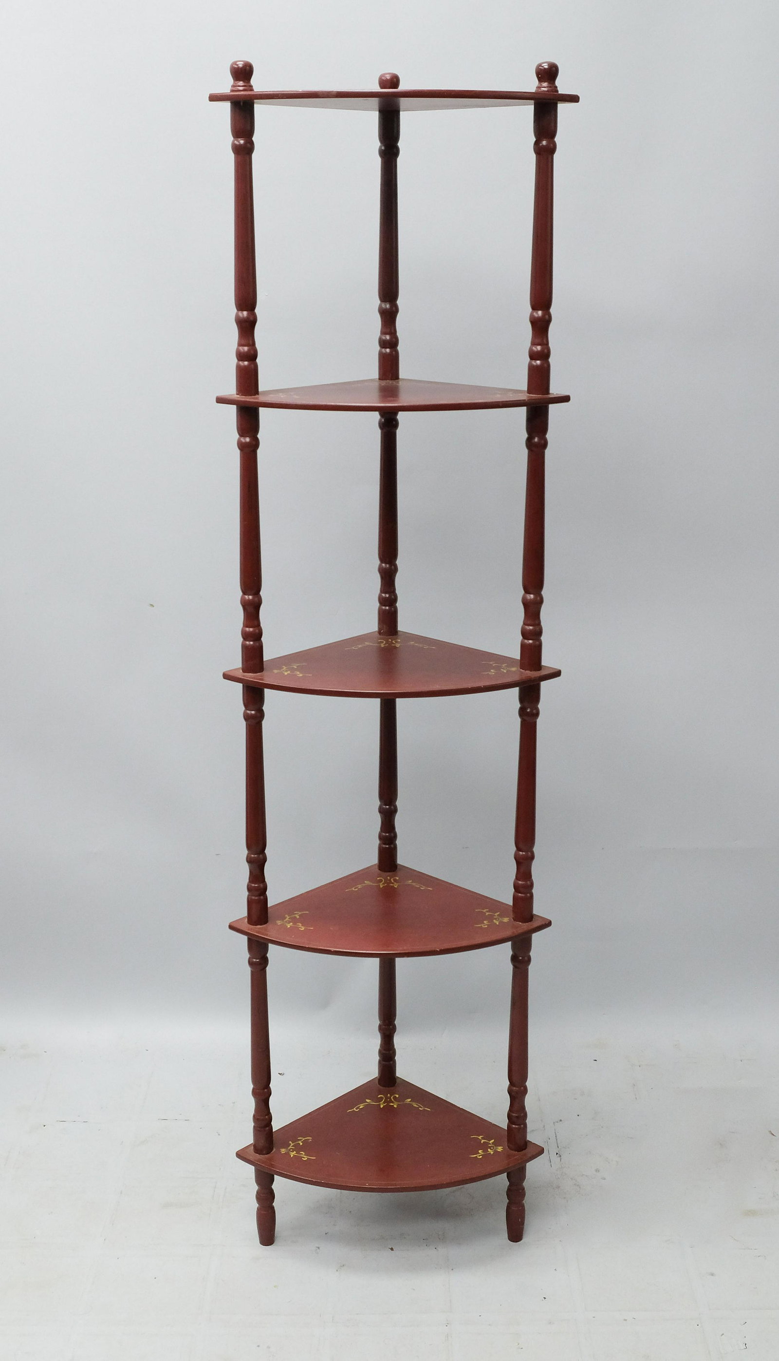 Red Chinoiserie Corner Etegere: Having five shelves, turned supports with hand painted foliate decoration. 12" x 17" x 61" H.
