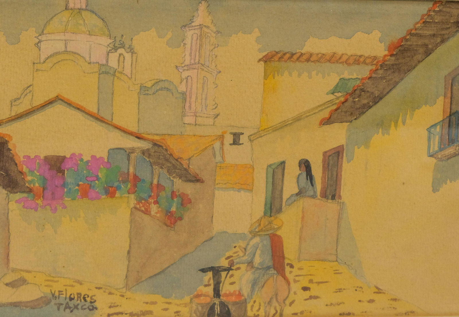 Early 20th Century Mexican Watercolor by V. Flores (1 of 4)