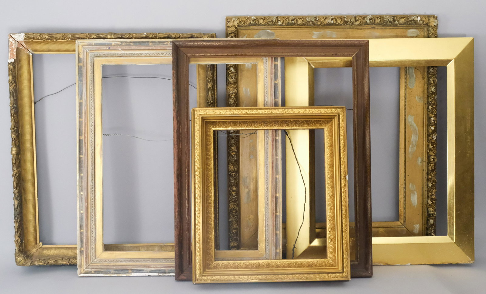 Lot of Six Frames of Various Ages and Styles: American 19th and 20th centuries, including Hudson river school and modernist examples. Sizes range from rabbet 17 " X 20" overall 24" X 27" to rabbet 27" X 32" overall 33 1/2" X 38"