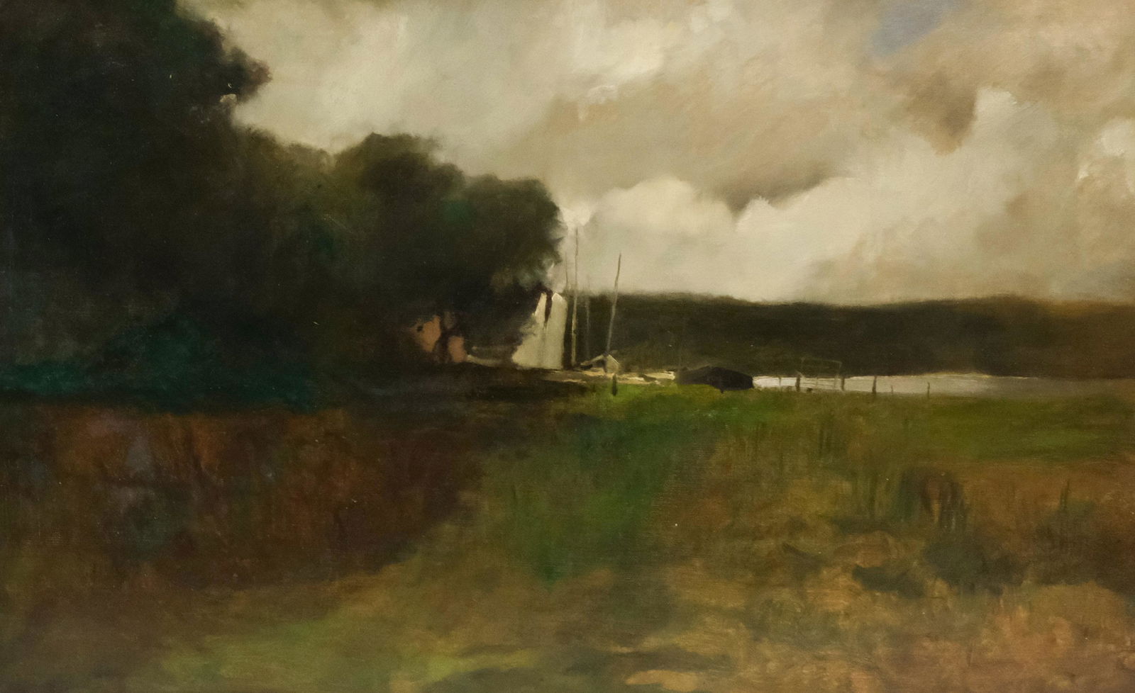 George Inness attr., Docks on the River: Attributed to George Inness (American/Scottish, 1825 - 1894) Oil on canvas depicting a dock with sailboats on a river, reported to be an Inness by family tradition, housed in a 19th century Hudson Riv