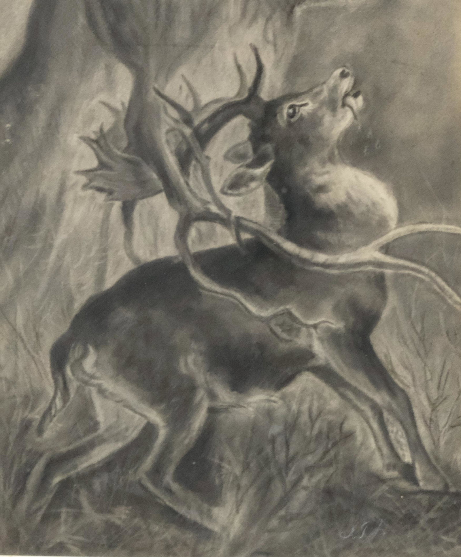 Charcoal Drawing Stag After "The Stag in Trouble": Folk art copy of "The Stag in Trouble" by Harrison Weir, ca. 1878 from the "Chatterbox Album of Animals" signed l.r., 11 3/8" x 13 3/8" image, 18" x 20" framed.