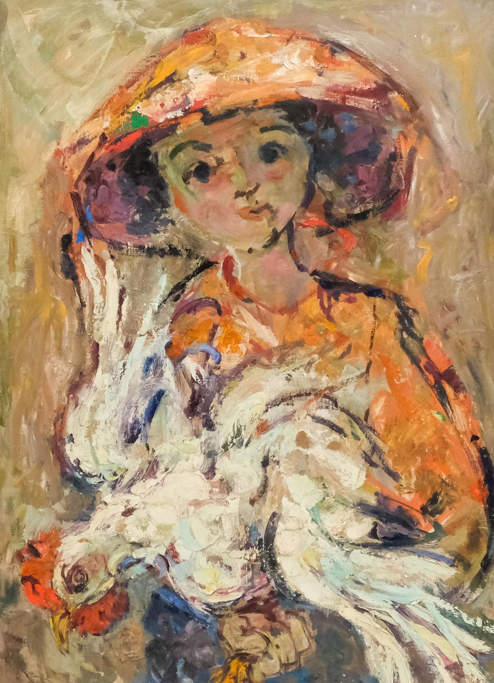 Painting of Girl With Chicken, Heydenryk frame: American, ca. 1940, oil on masonite depicting a girl holding a chicken, housed in a fine period carved giltwood and polychrome frame by The House of Heydenryk, 24" x 31 3/4" board, 33" x 40 1/2" frame