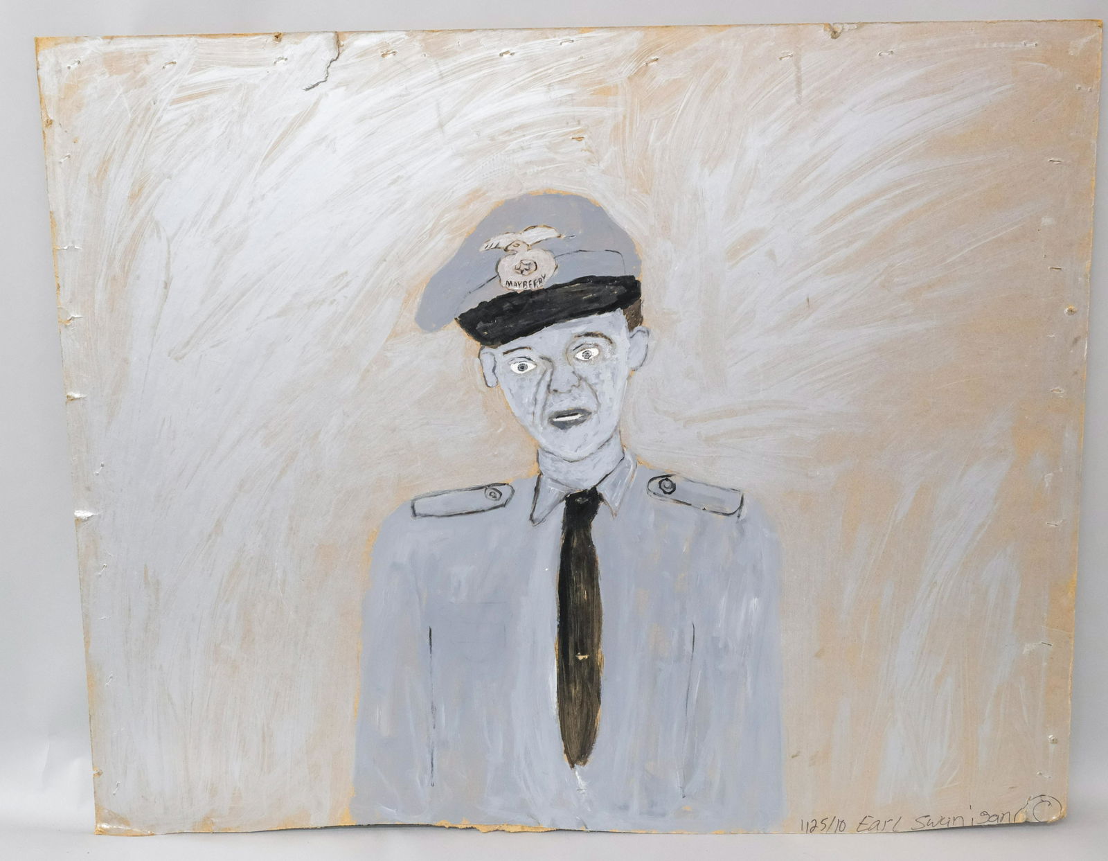 Earl Swanigan, Don Knotts as Barney Fife: Earl Swanigan, (American, 1964-2019) Acrylic on masonite, large format depicts deputy Fife dressed in uniform." Signed and dated l.r. "1/25/10 Earl Swanigan" 35 1/4" x 43 1/2" unframed. Swanigan was a