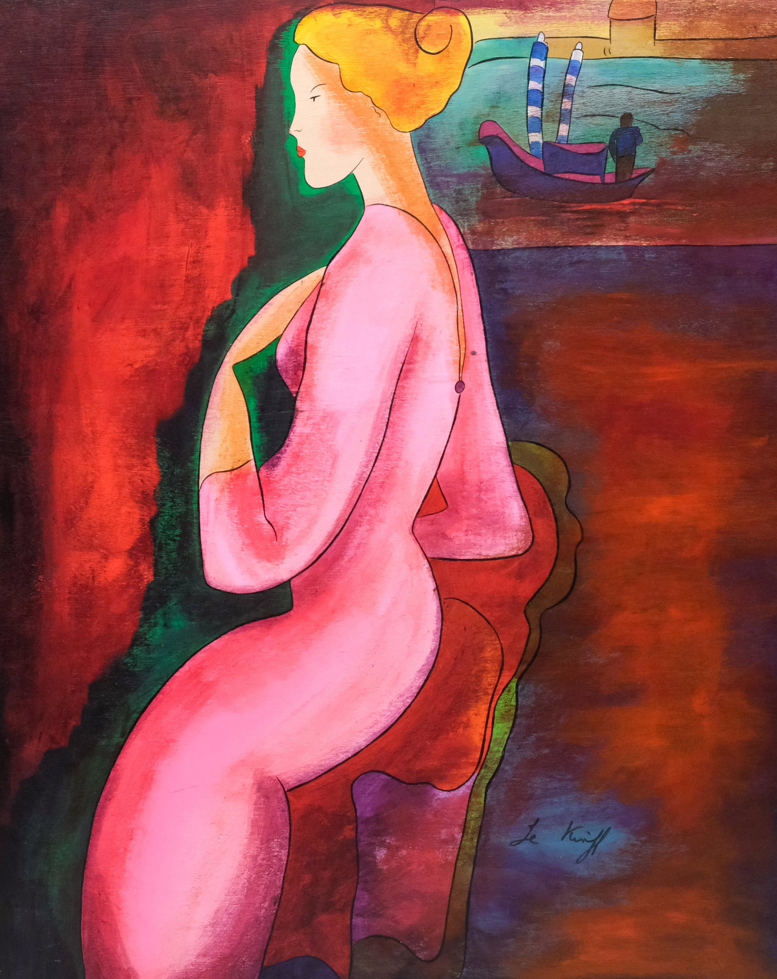 Linda Le Kinff, Lady in Pink: Linda Le Kinff (France, Born 1949) Acrylic on panel depicts a lady in pink dress with blonde hair, gondola in background. Signed "Le Kinff" l.c., 29 3/4" x 36 1/2" panel, unframed.